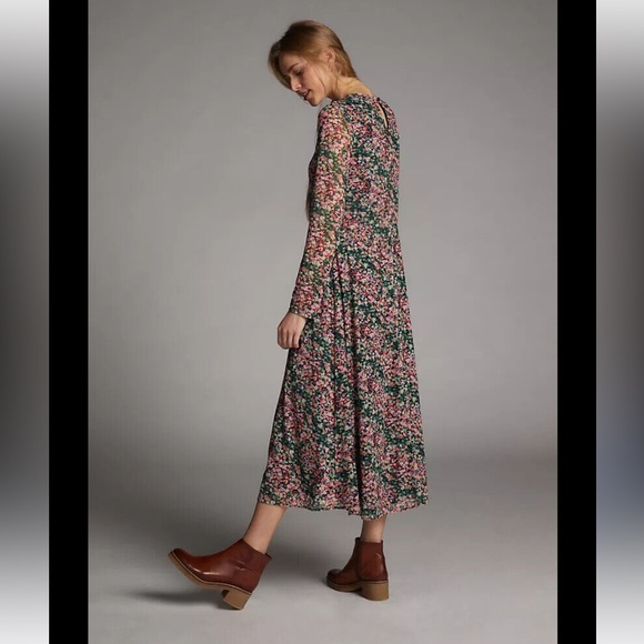 Anthropologie Eva Franco floral maxi dress long sleeve mesh boho multi color L - Picture 2 of 12